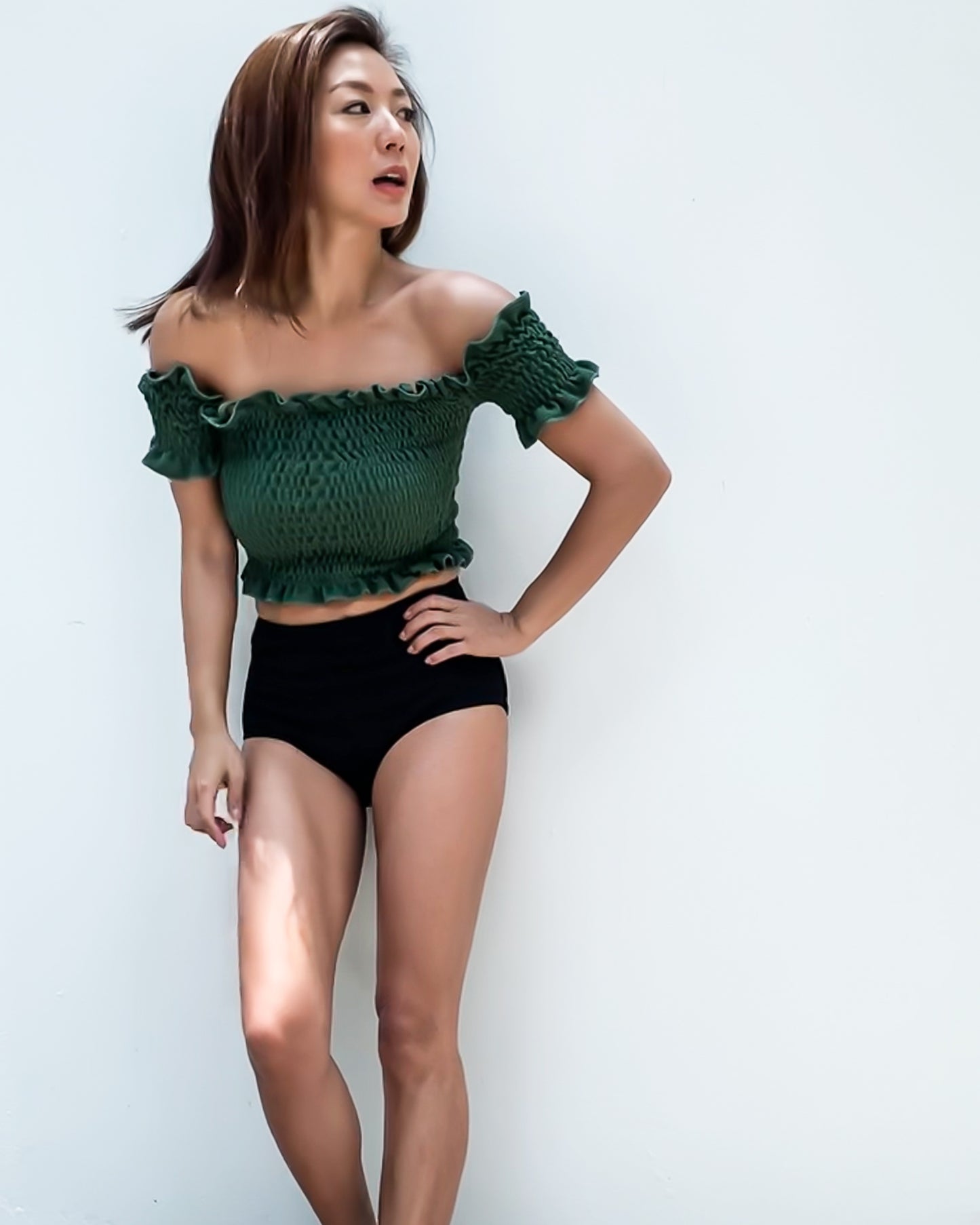 green ruched off shoulders & black high waist texture bottom bikini  *pre-order*