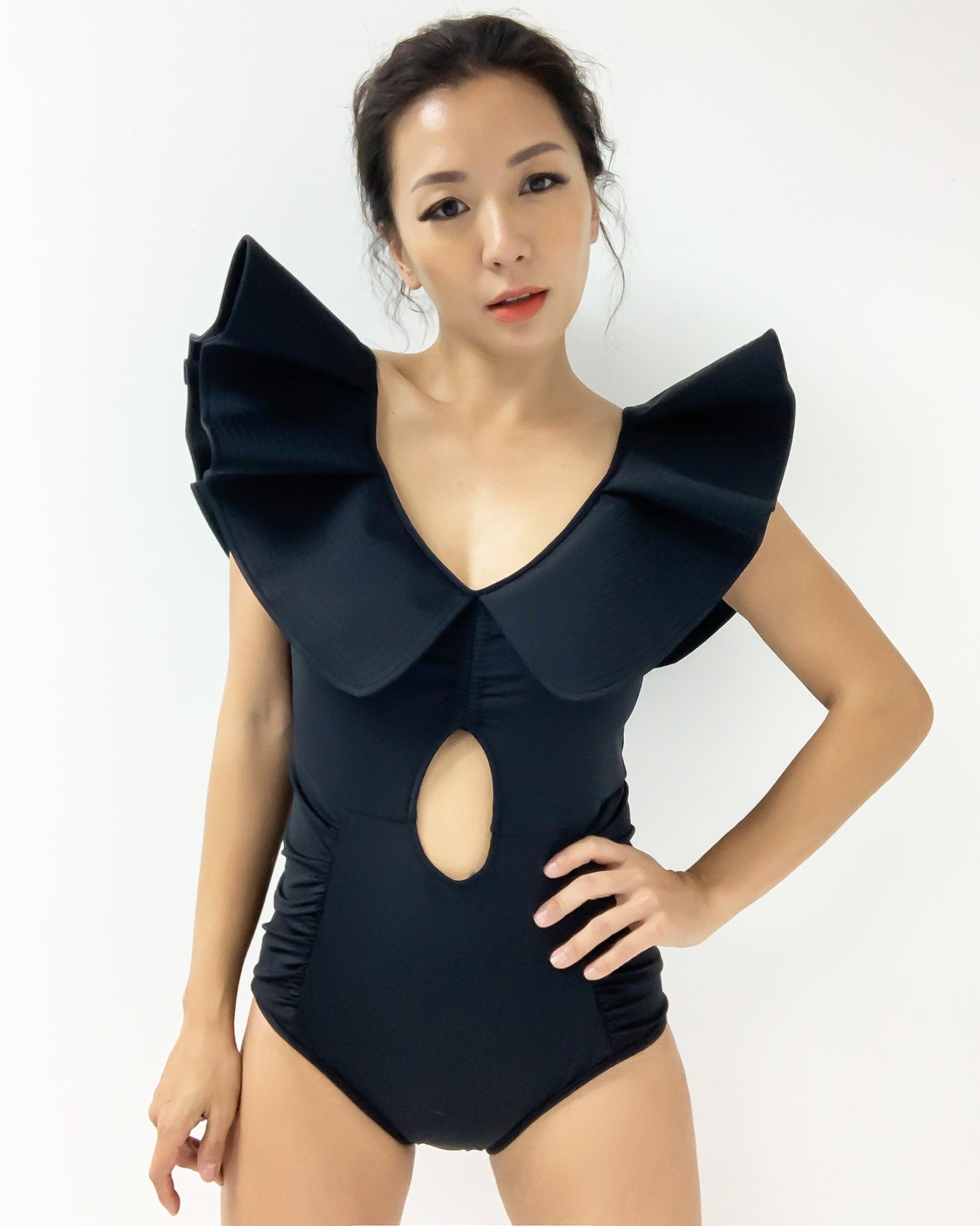 black bold ruffles cutout front one piece swimwear - M