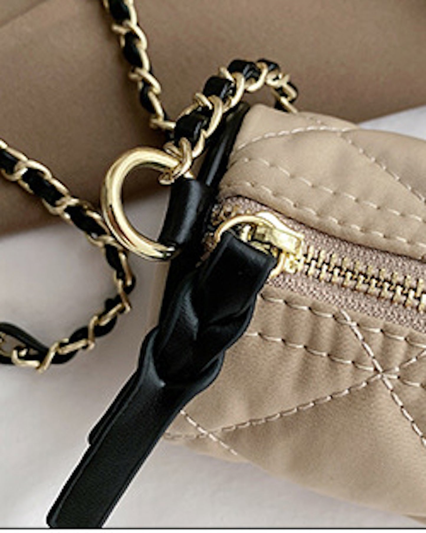 beige nylon quilted bucket chain handbag
