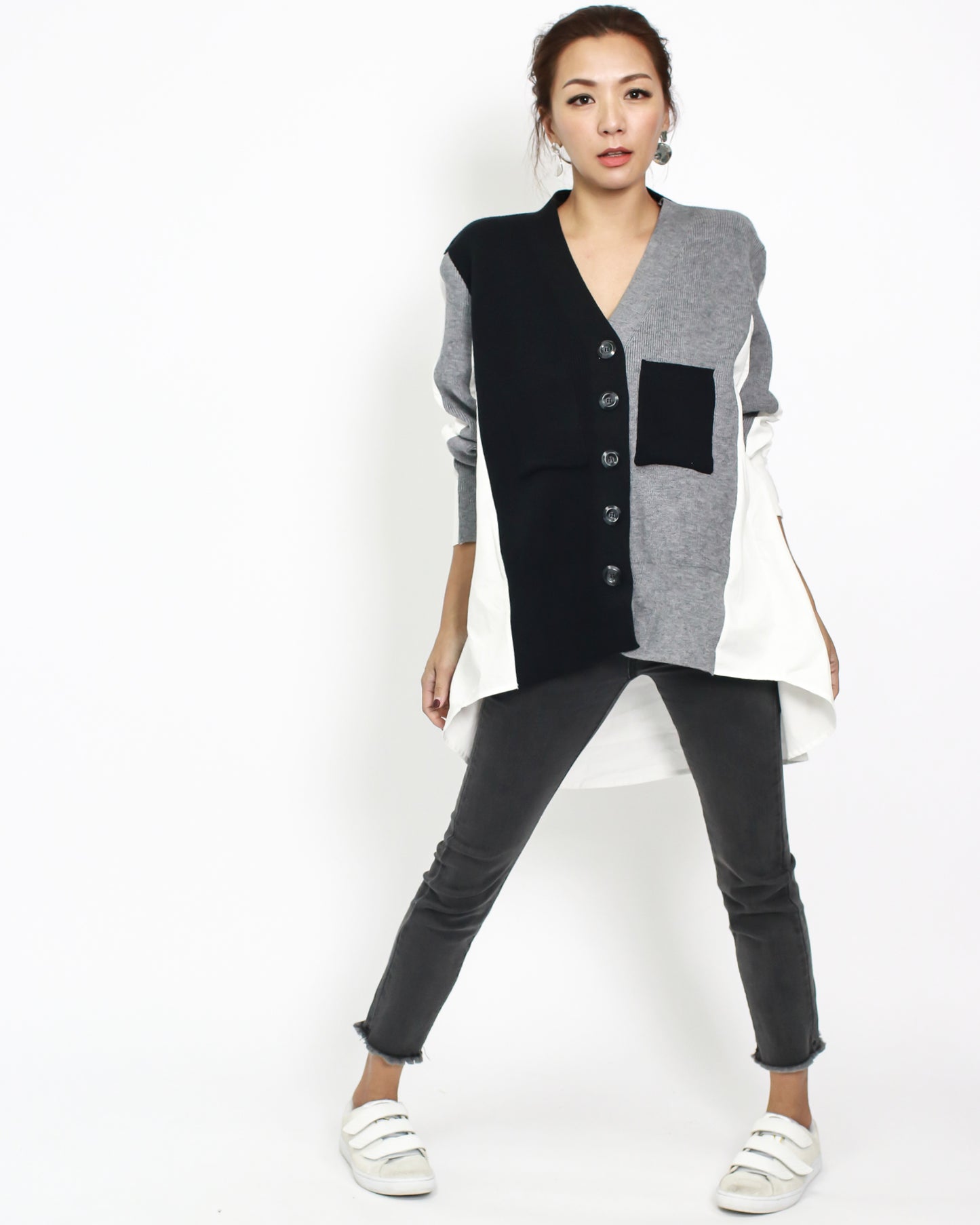 grey with black knitted & ivory shirt back cardigan *pre-order*