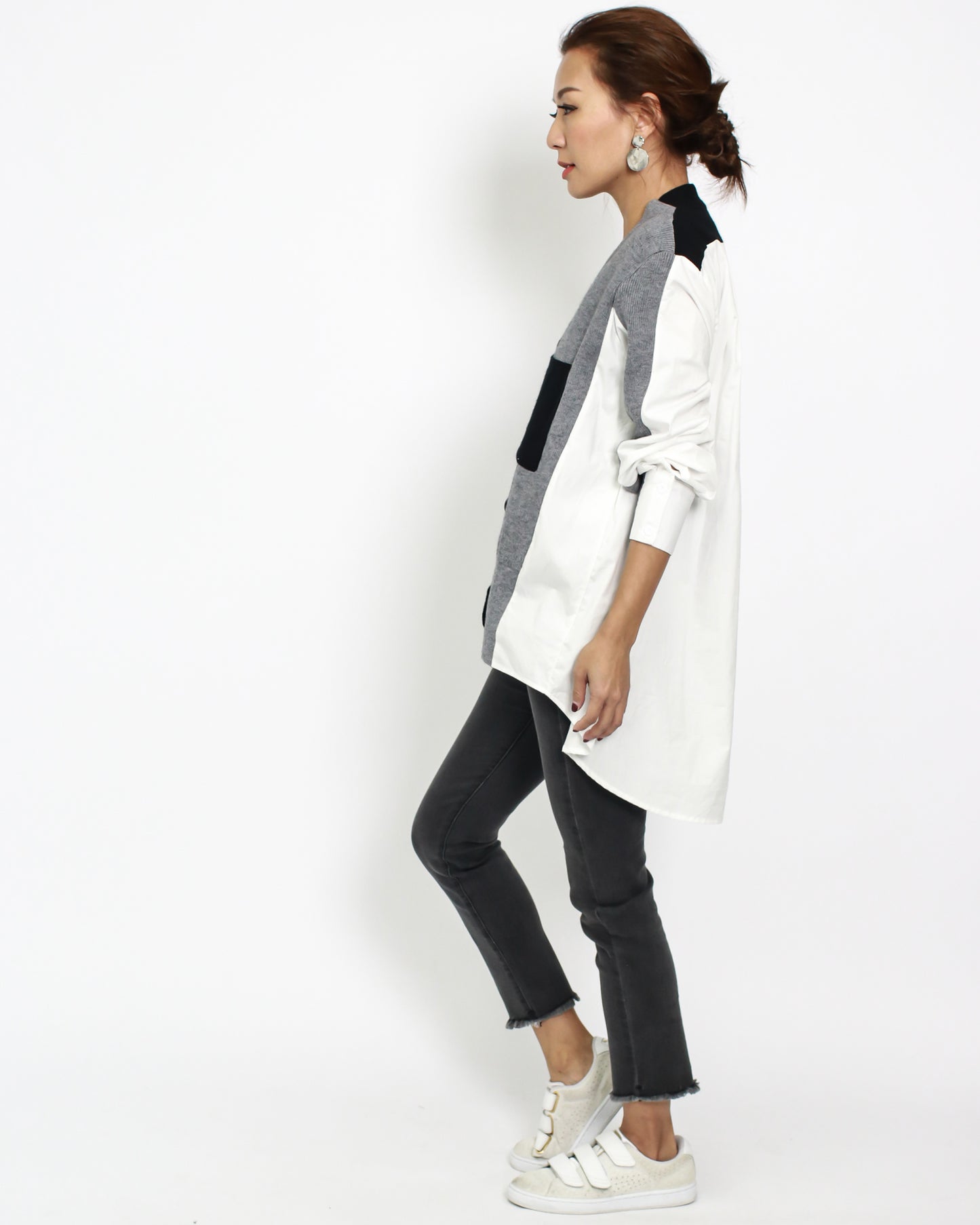 grey with black knitted & ivory shirt back cardigan *pre-order*