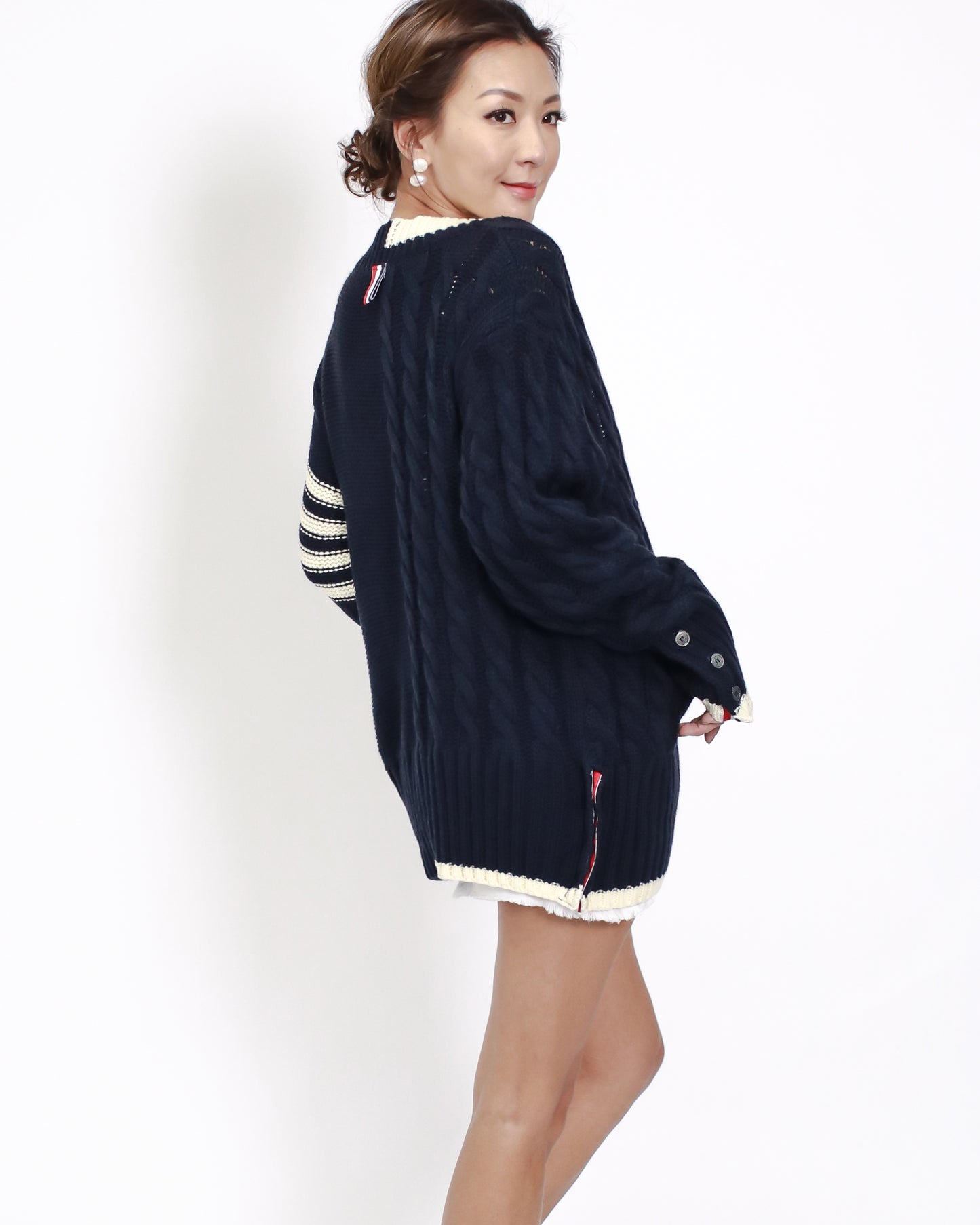 navy with ivory & stripes knitted cardigan *pre-order*