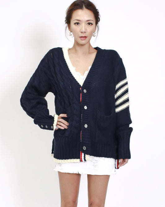 navy with ivory & stripes knitted cardigan *pre-order*