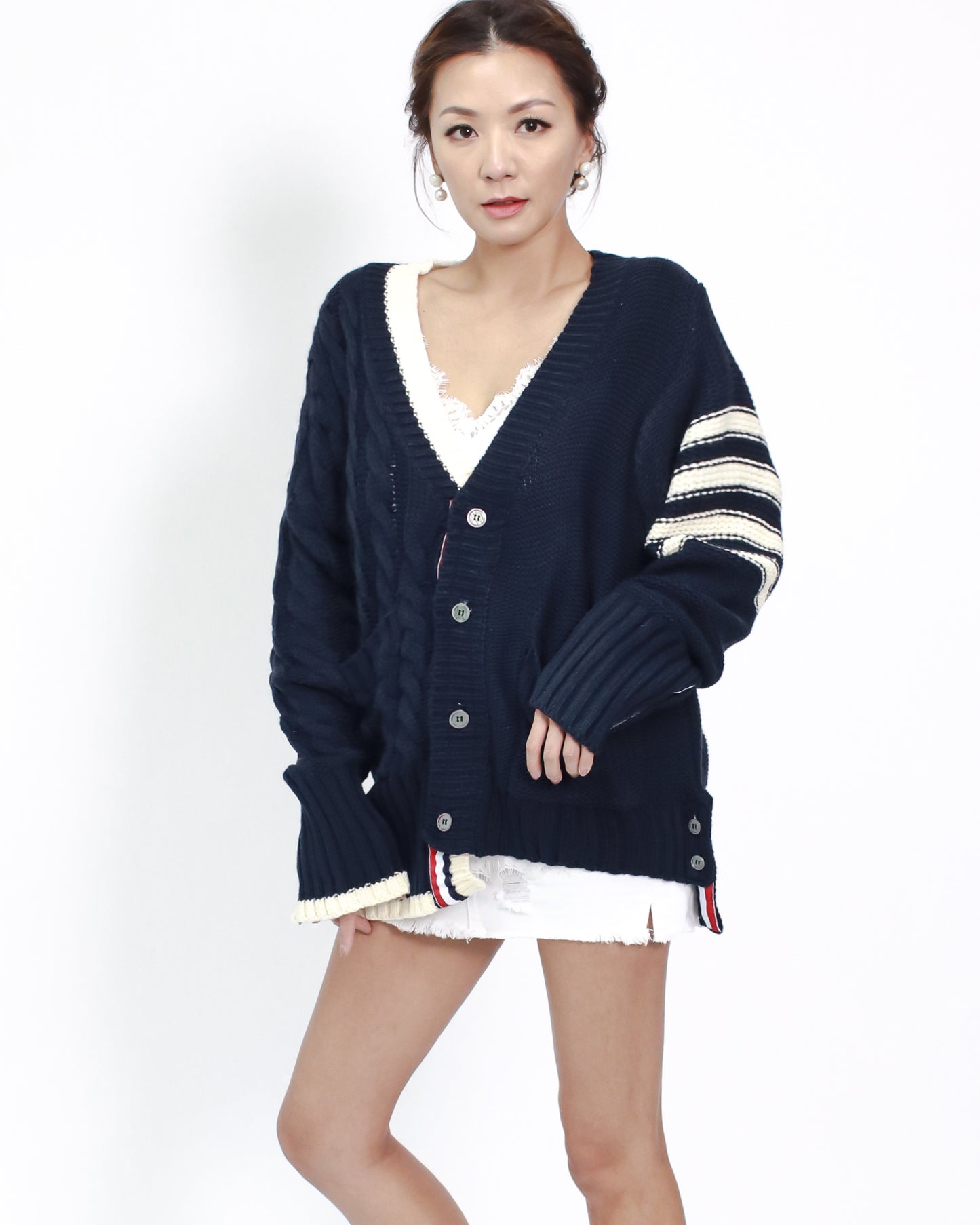 navy with ivory & stripes knitted cardigan