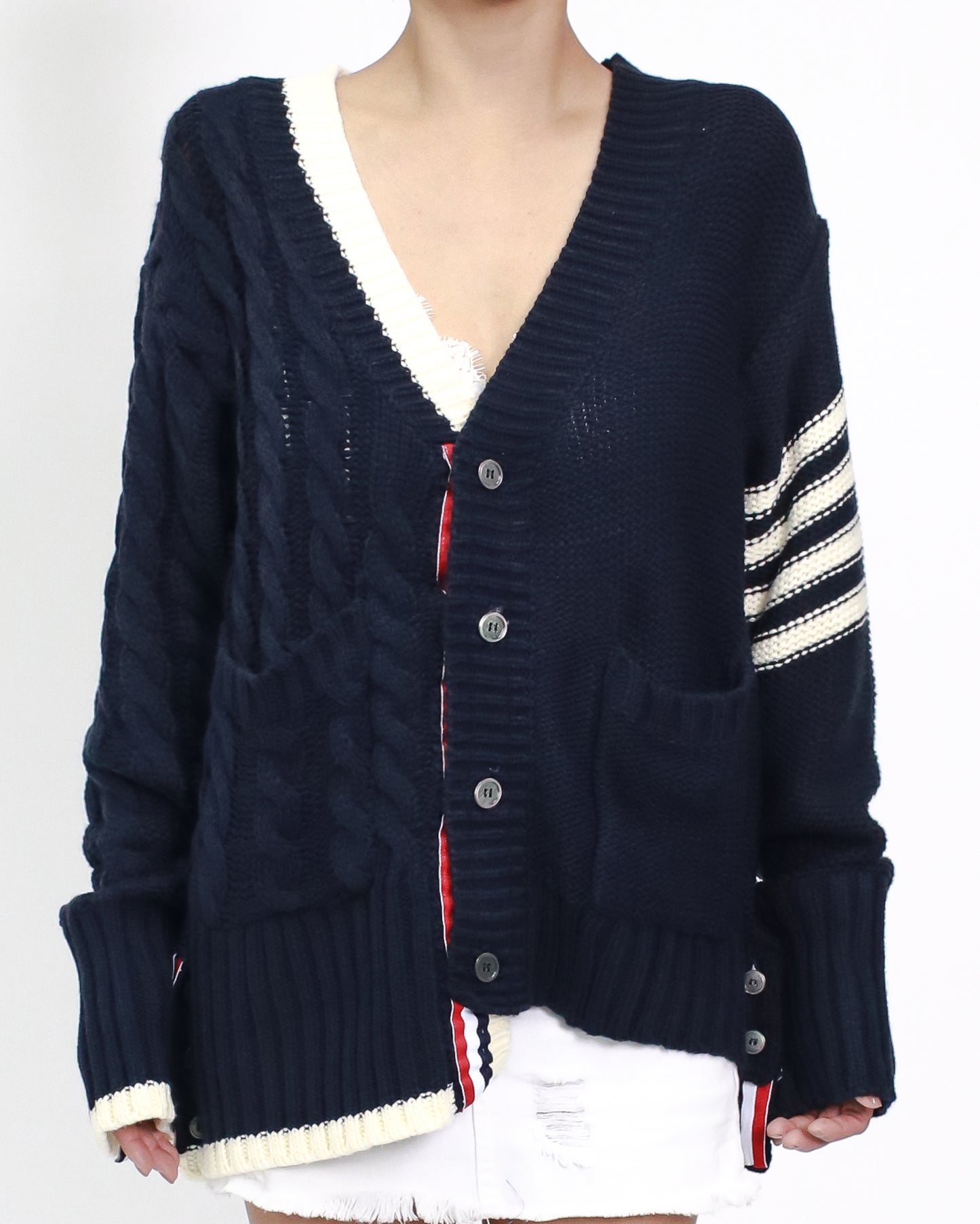 navy with ivory & stripes knitted cardigan *pre-order*