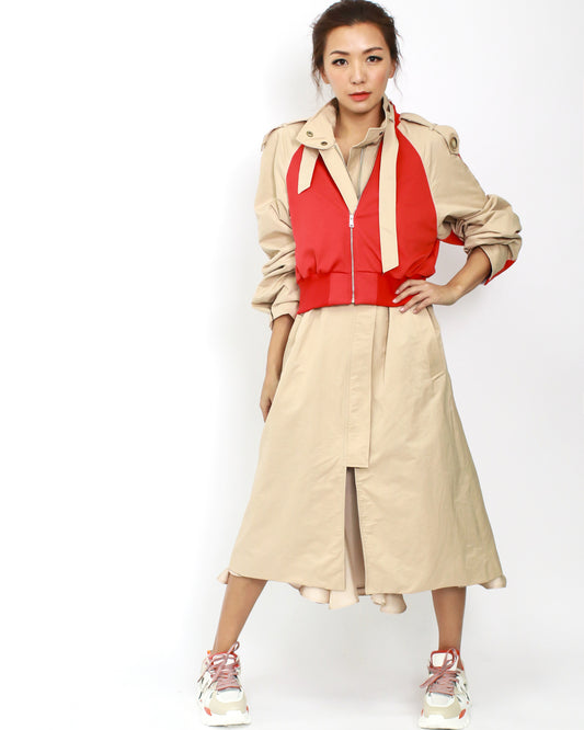 camel with red sporty contrast longline jacket *pre-order*