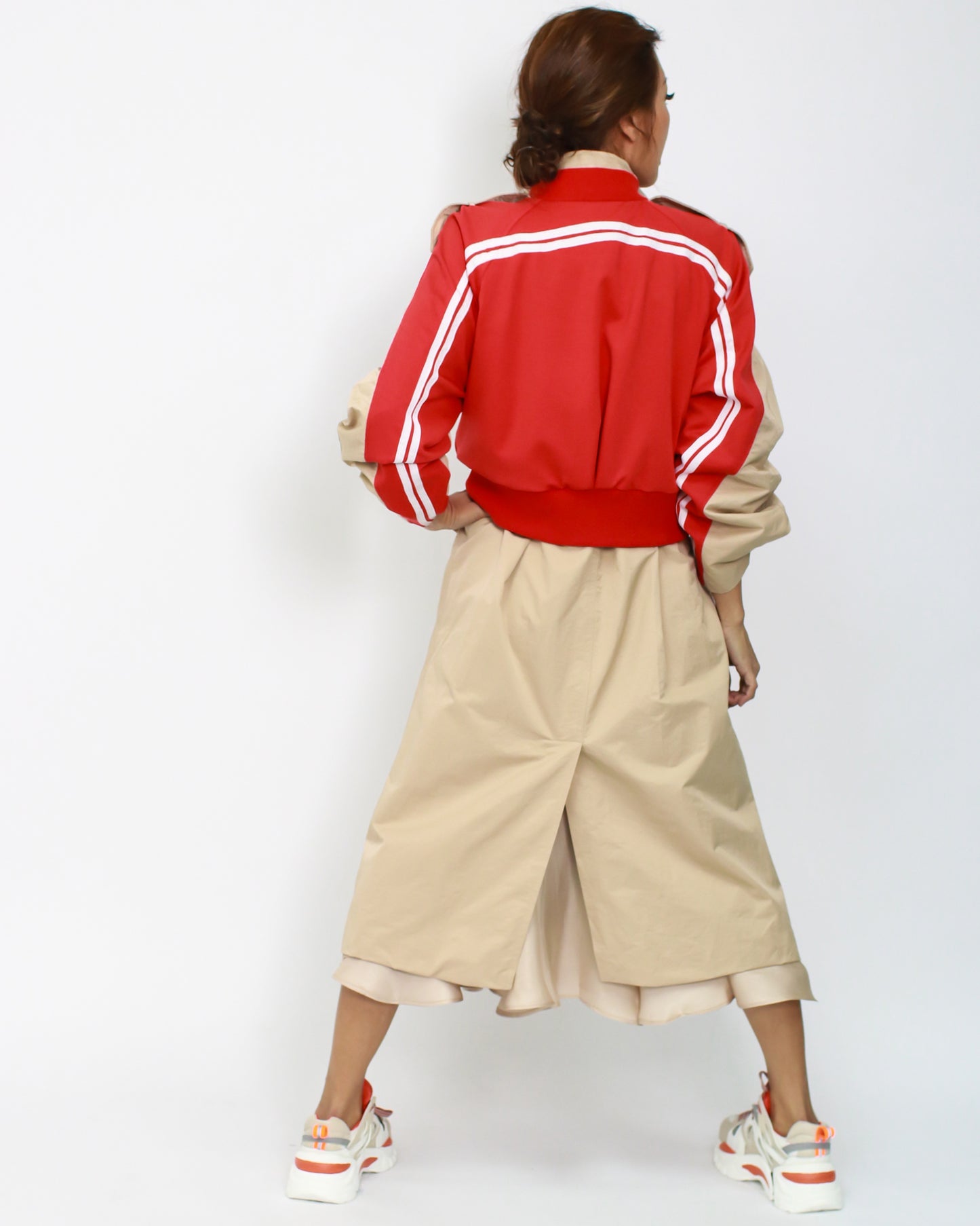 camel with red sporty contrast longline jacket *pre-order*