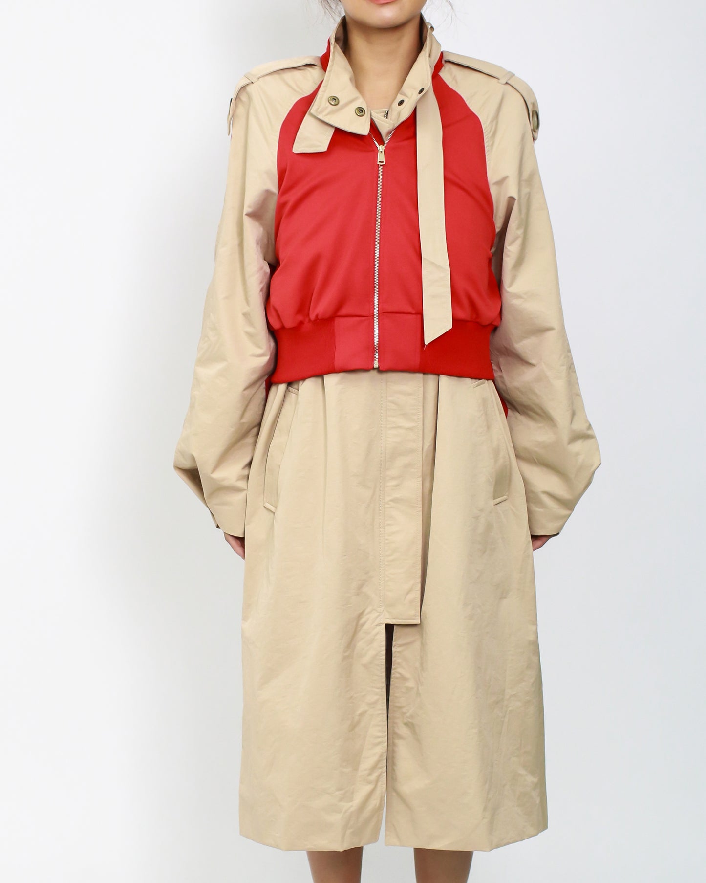 camel with red sporty contrast longline jacket *pre-order*