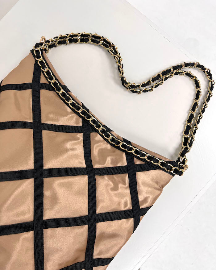 beige & black grid satin fabric chain bag *pre-order*