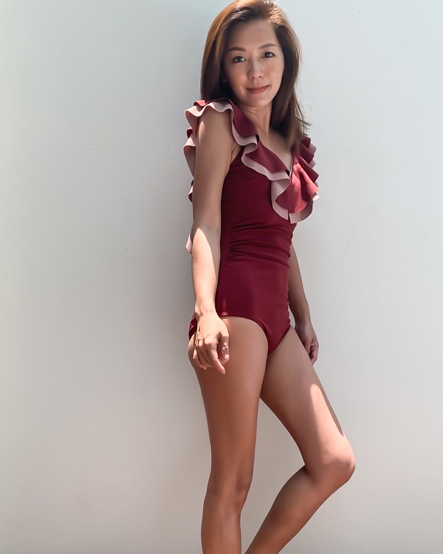 Burgundy ruffles one piece swimwear *pre-order*