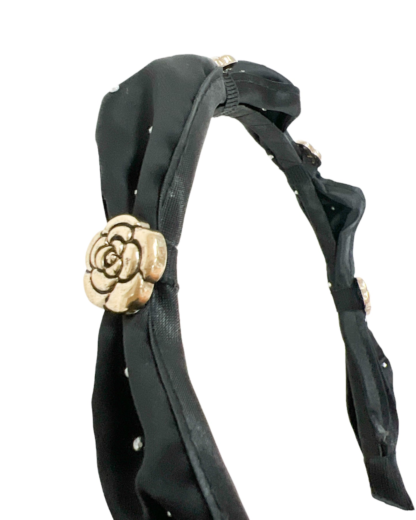 black studded fabric gold metal camilla flowers studded headband *pre-order*