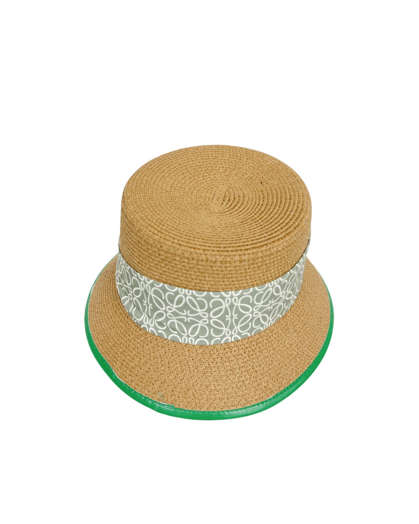 beige straw printed ribbon w/ green trim bucket hat *pre-order*