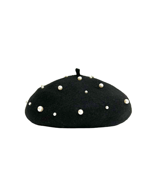黑色羊毛混紡珍珠貝雷帽