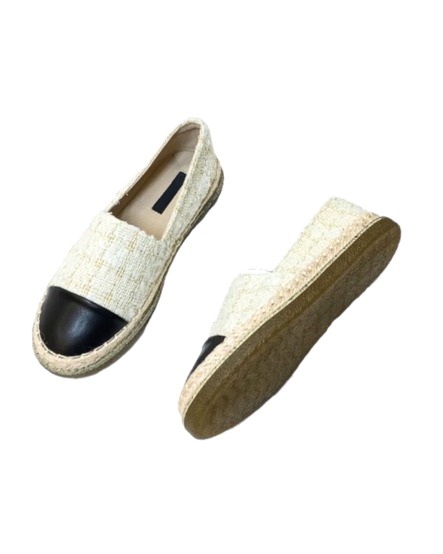 ivory tweed & black PU leather espadrilles *pre-order*