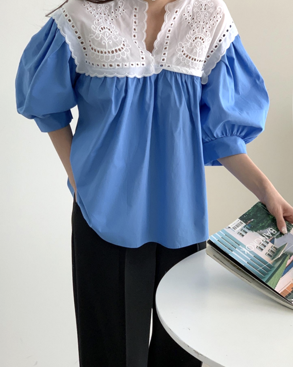 blue & ivory crochet shirt top