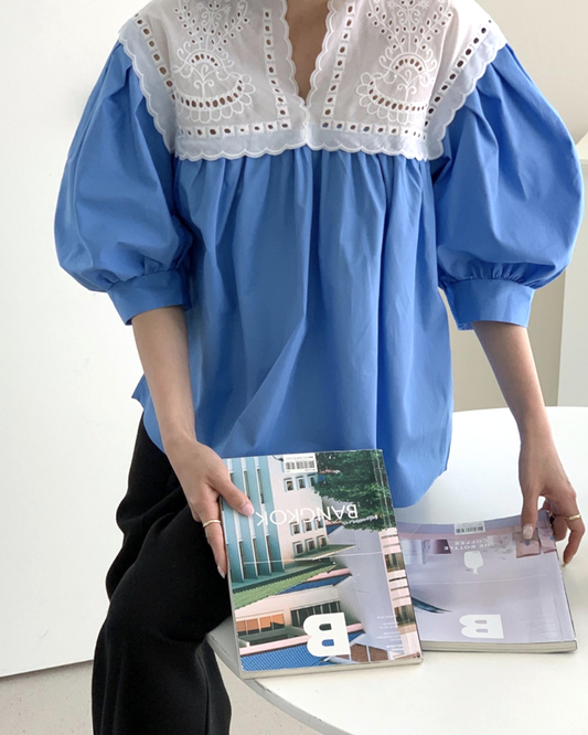 blue & ivory crochet shirt top