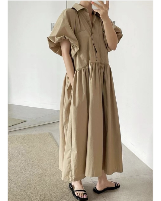 beige puff sleeves shirt dress *pre-order*