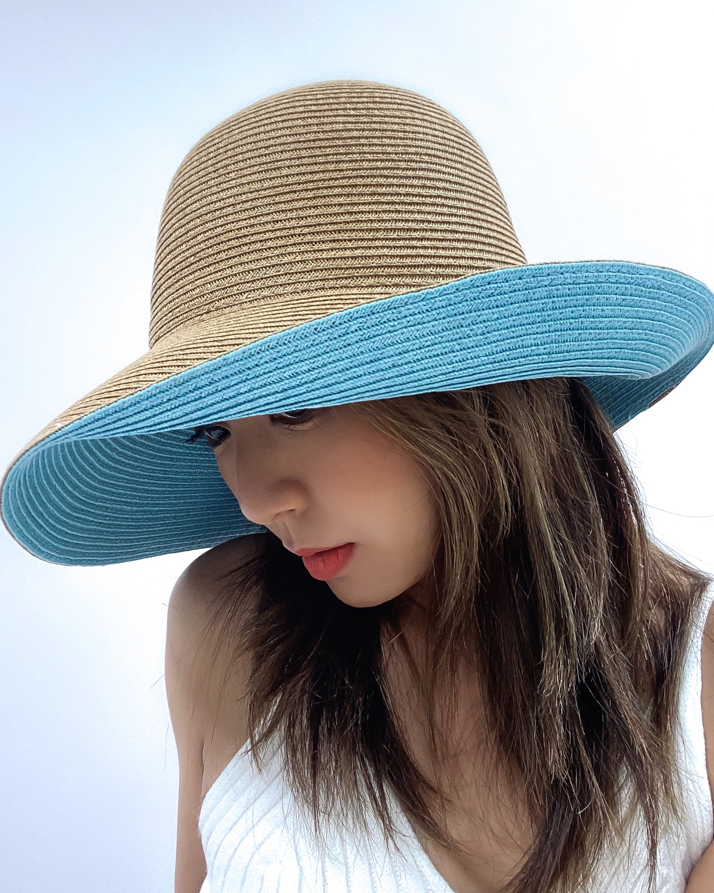 米色和藍色草編 fadora 帽子 *預購*