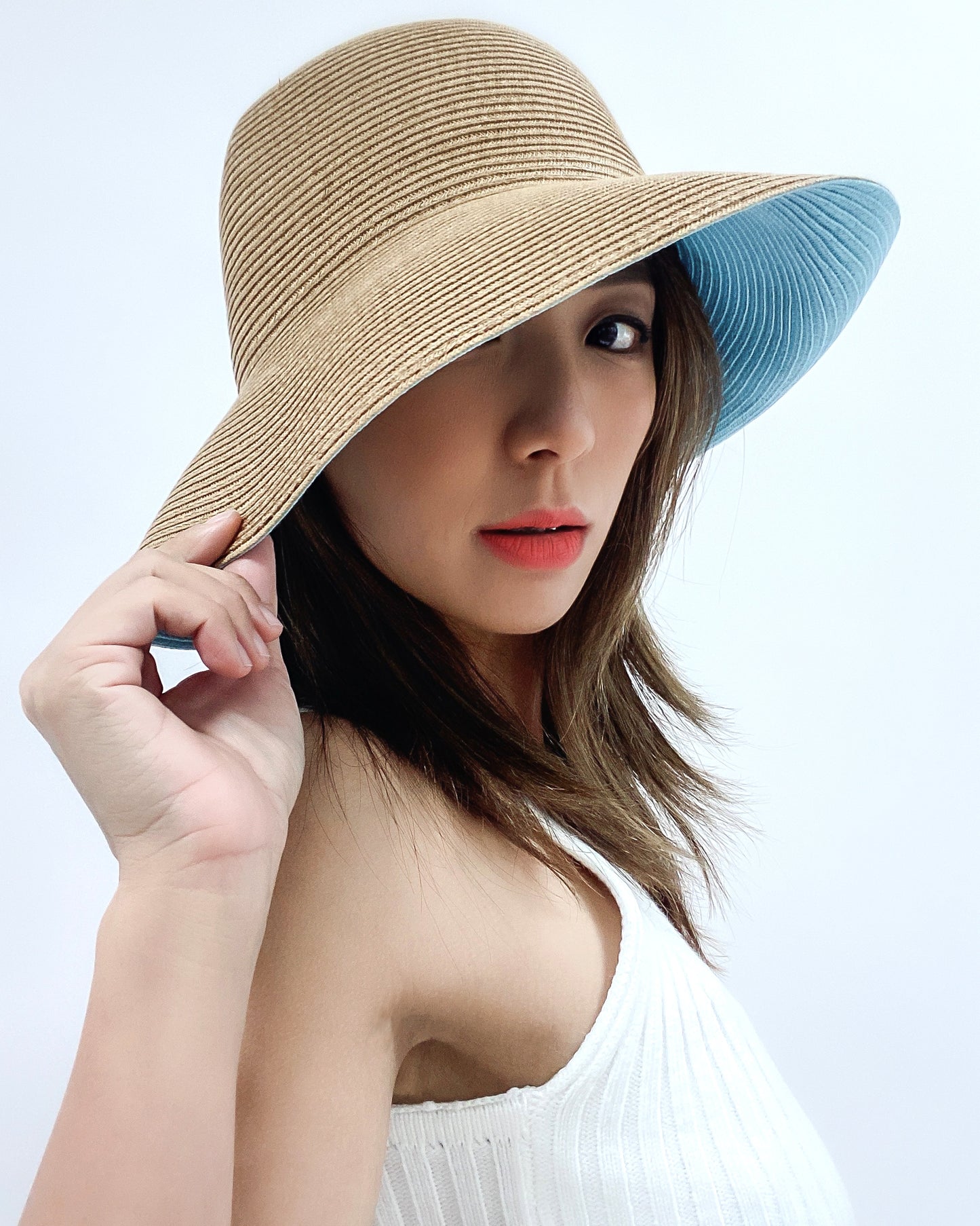 beige & blue straw fadora hat *pre-order*
