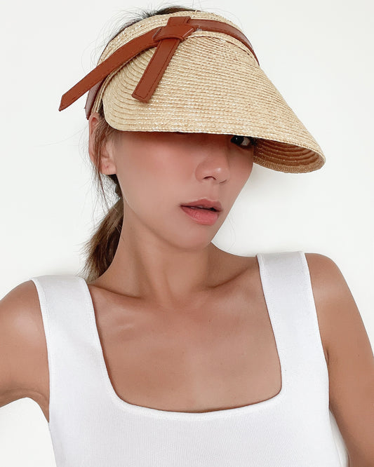 beige & PU brown leather tie straw visor hat *pre-order*