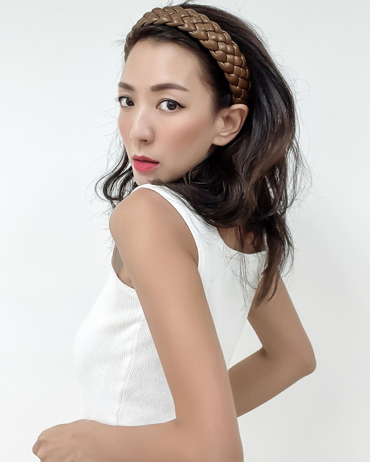 brown woven PU leather headband