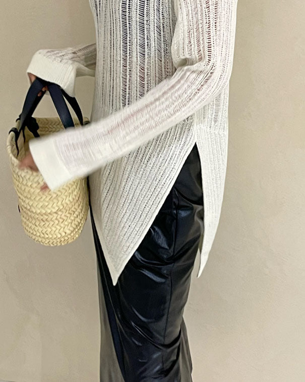 ivory knitted asymmetric hem top