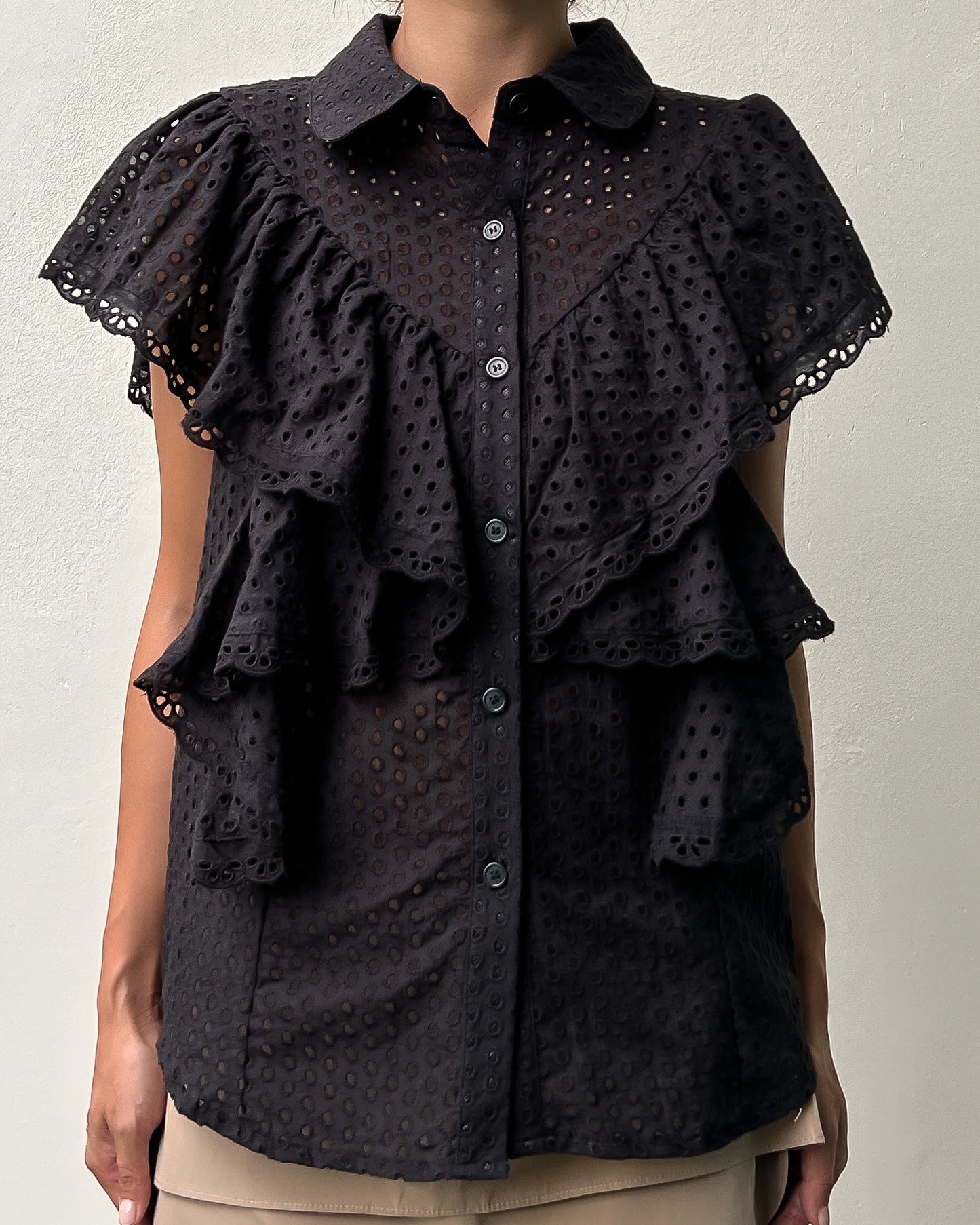 black crochet ruffles shirt top