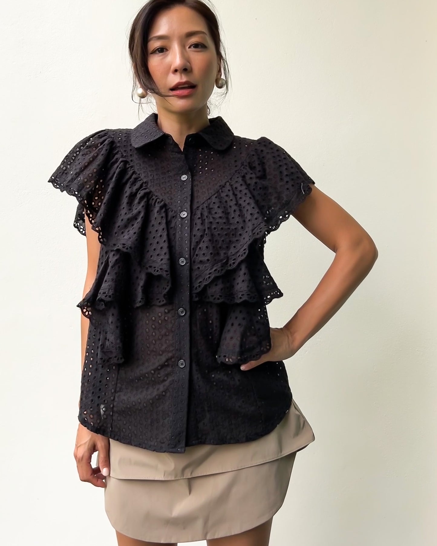 black crochet ruffles shirt top