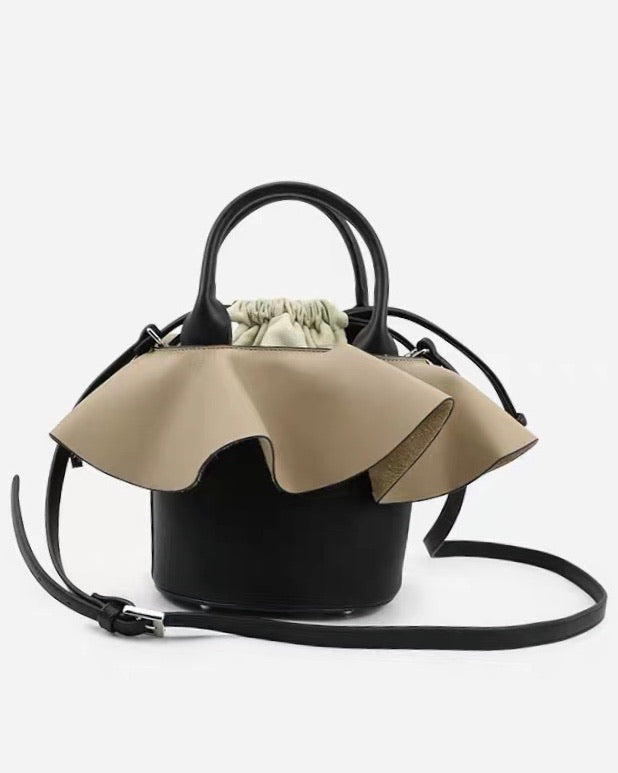 black with beige ruffles PU leather bag *pre-order*