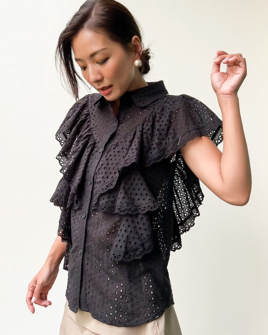 black crochet ruffles shirt top